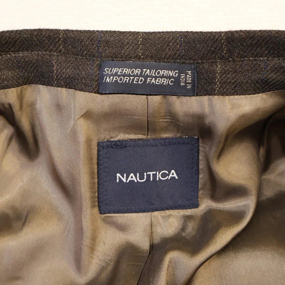 Nautica Mens 46R Blazer Brown Lambswool Plaid Herringbone Sport Coat M738
